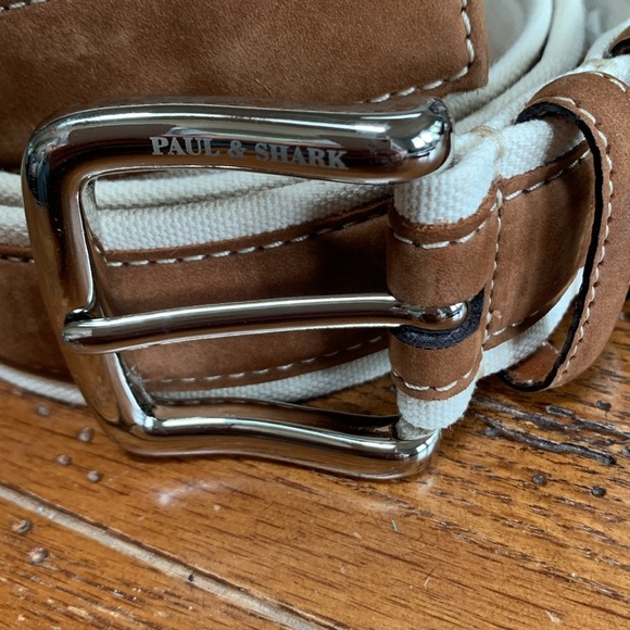 Paul & Shark Ivory Cotton and Brown Leather Belt Men’s Brass Silver Buckle 42 - Picture 2 of 12